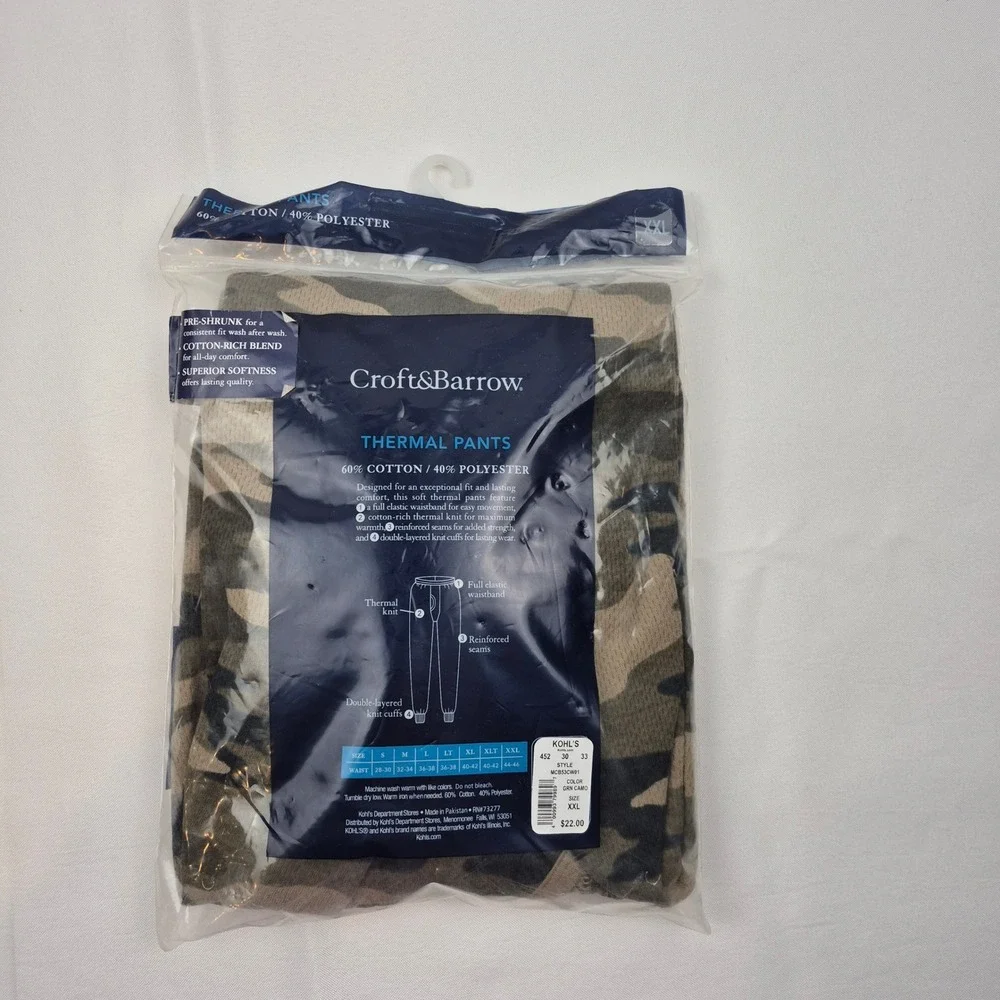 Croft & Barrow Thermal Pants XXL Camo Cotton Blend Long Johns‎ Base Layer NWT